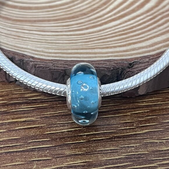 Murano Glass Blue Effervescence Clear Bead Charm - Picture 4 of 5